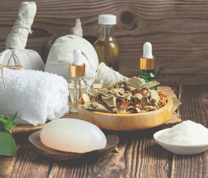 herbal-spa-treatment-equipments-put-wooden-floor